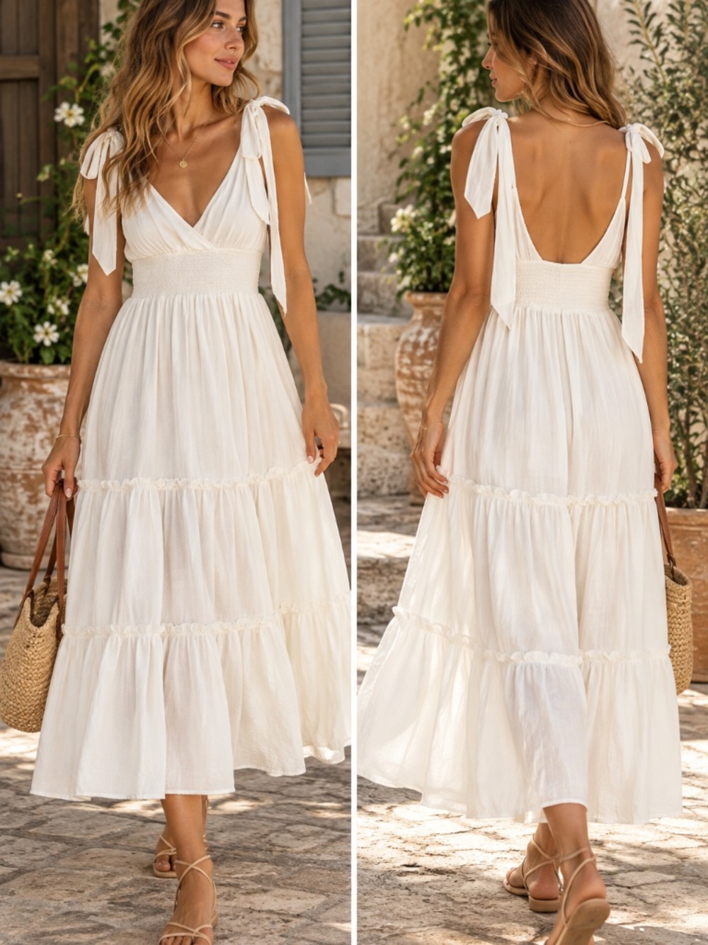 PrettyGarden Ivory White Tie Shoulder Tiered Maxi Dress Small